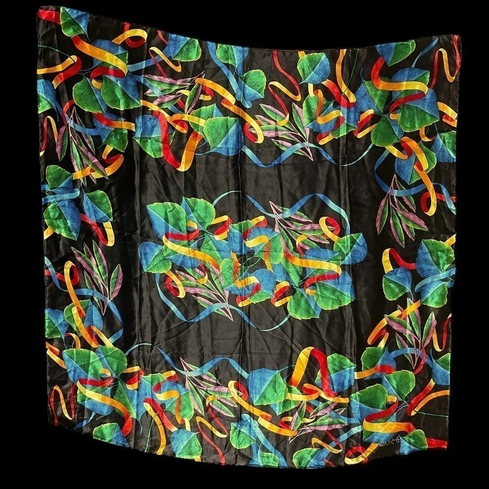 1990s 100% Silk Scarf No Boundaries Collection 34” Square Tropical Vintage